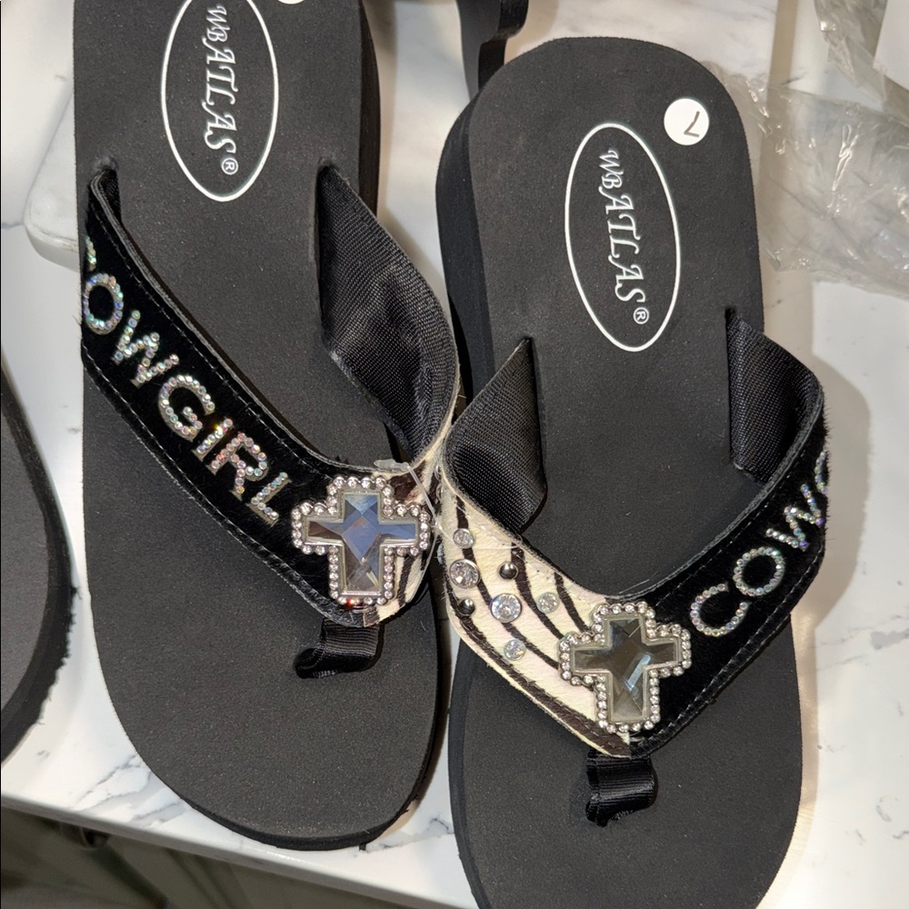 Cowgirl Cross Embellished Black Flip Flop Sandals